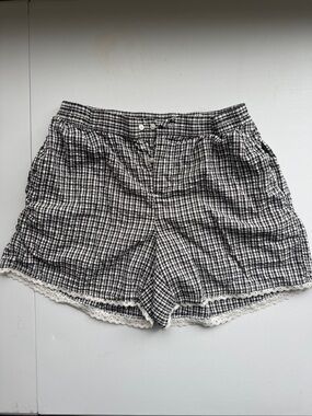 aerie Black & White Gingham High-Waist Lounge Shorts with Lace Trim